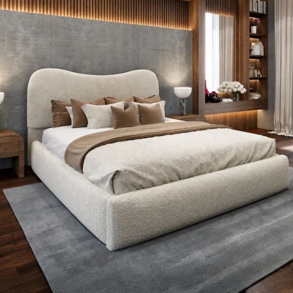 Moon Cream Bouclé bed with optional ottoman storage
